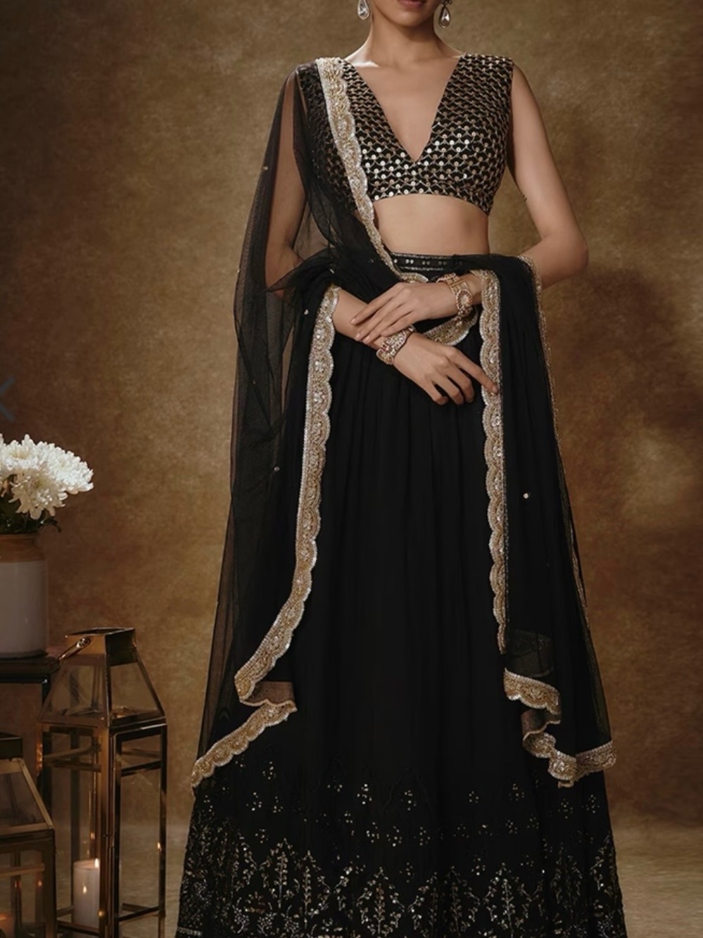 Elegant Black Embellished Women's Georgette Lehenga Set (L/XL)